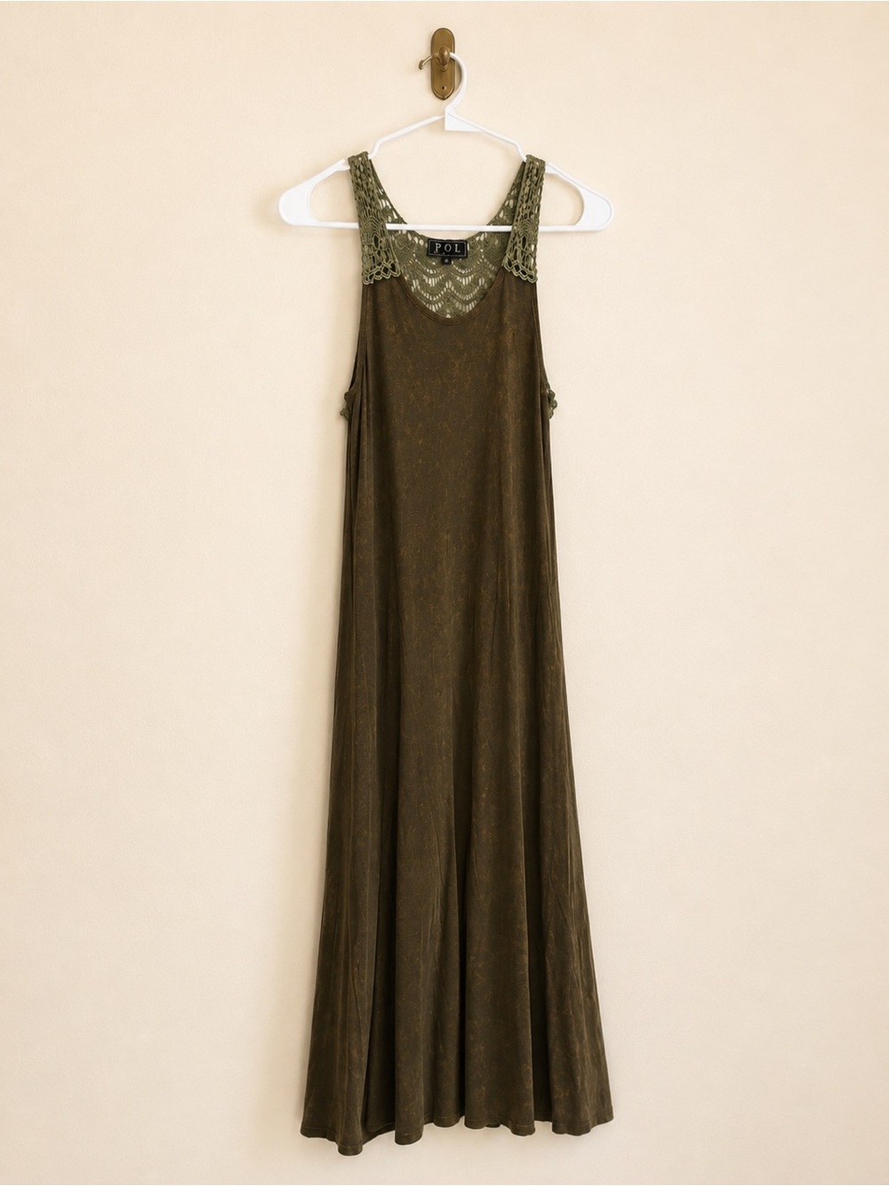 POL Crochet Lace Olive Brown Maxi Dress Boho Festival Med